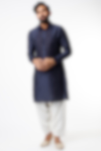 Navy Blue Embroidered Pathani Kurta Set by VARENYA at Pernia's Pop Up Shop