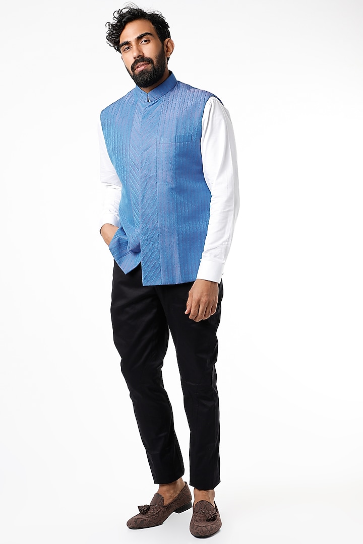 Turquoise Silk Linen Nehru Jacket by VARENYA