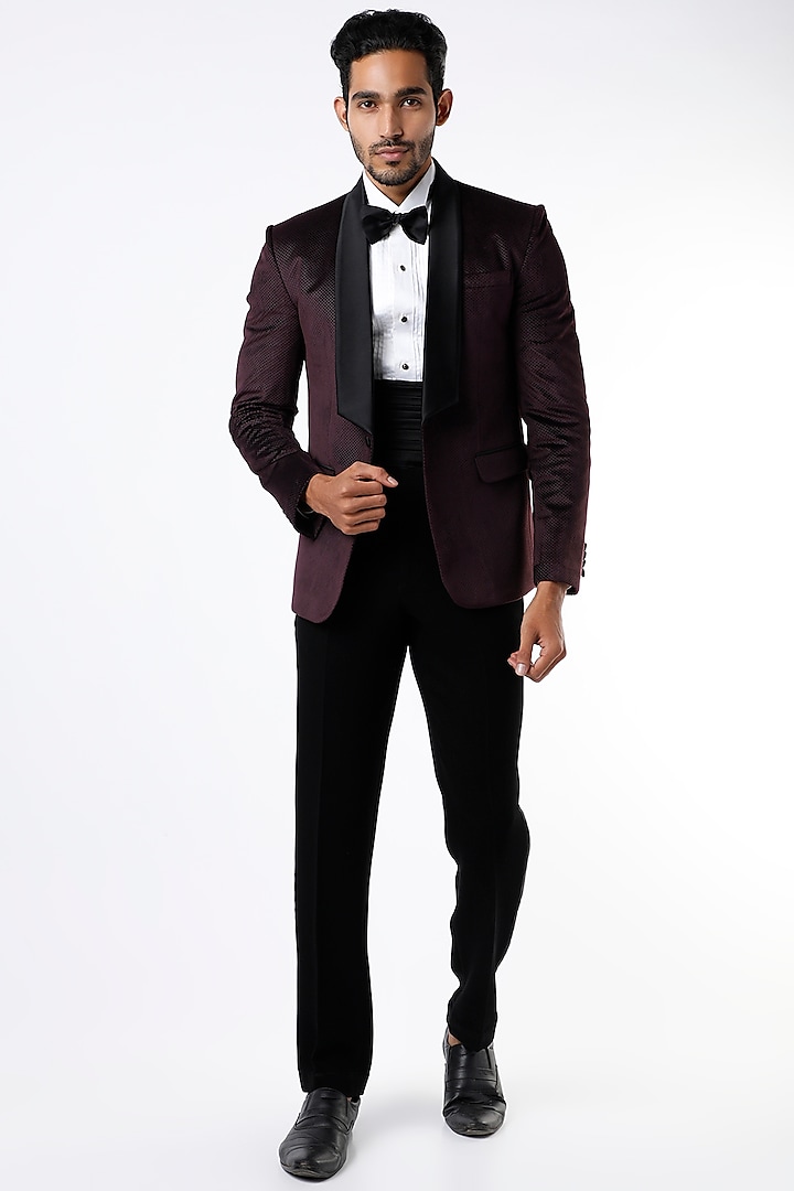 Wine Textured Velvet Tuxedo Jacket Set by VARENYA at Pernia's Pop Up Shop