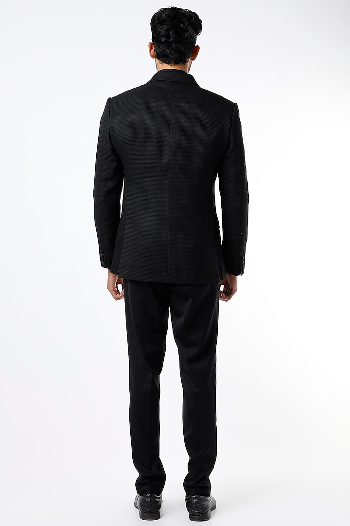 Black Textured Tuxedo Jacket Set by VARENYA at Pernia's Pop Up Shop
