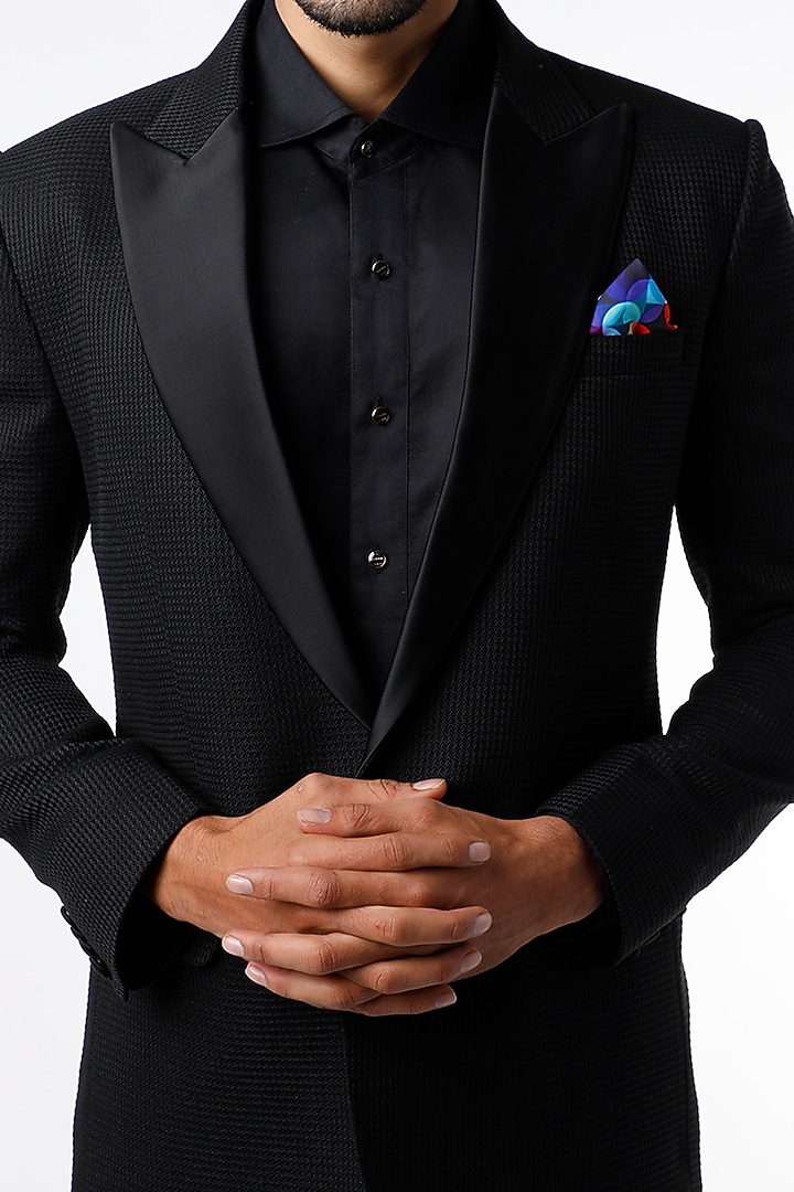 Black Textured Tuxedo Jacket Set by VARENYA at Pernia's Pop Up Shop