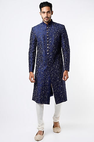 Ink Blue Raw Silk Sherwani Set by VARENYA