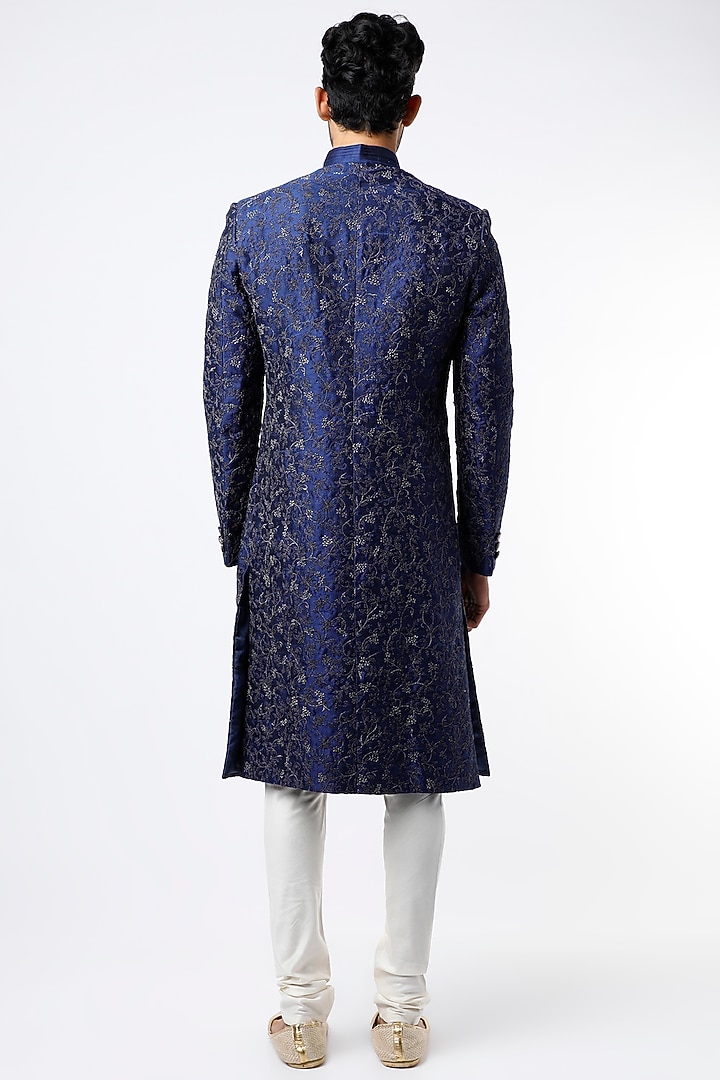Ink Blue Raw Silk Wedding Sherwani Set by VARENYA at Pernia's Pop Up Shop
