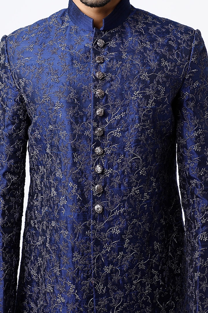 Ink Blue Raw Silk Wedding Sherwani Set by VARENYA at Pernia's Pop Up Shop