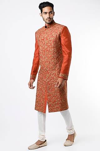 Rust Orange Zardosi Embroidered Sherwani Set by VARENYA