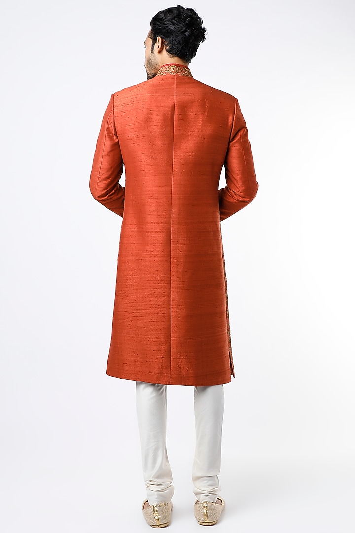 Rust Orange Zardosi Embroidered Wedding Sherwani Set by VARENYA at Pernia's Pop Up Shop