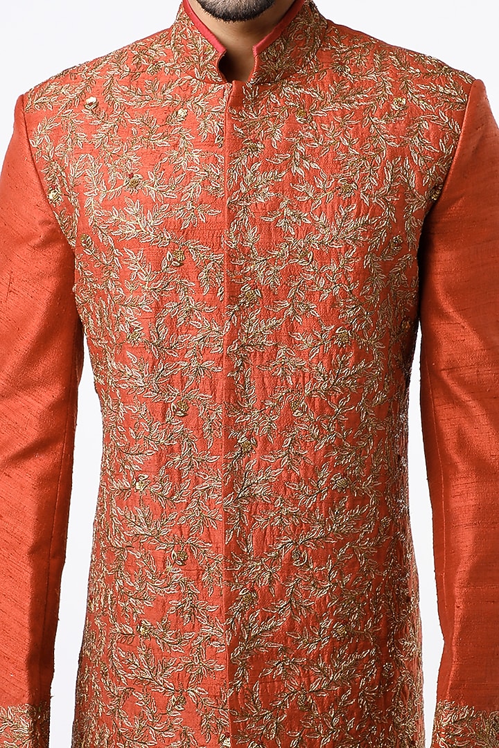 Rust Orange Zardosi Embroidered Wedding Sherwani Set by VARENYA at Pernia's Pop Up Shop