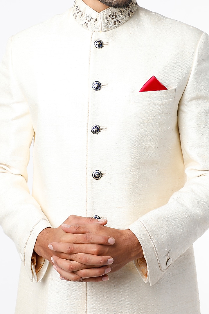 Ivory Matka Silk Herringbone Wedding Sherwani Set by VARENYA at Pernia's Pop Up Shop