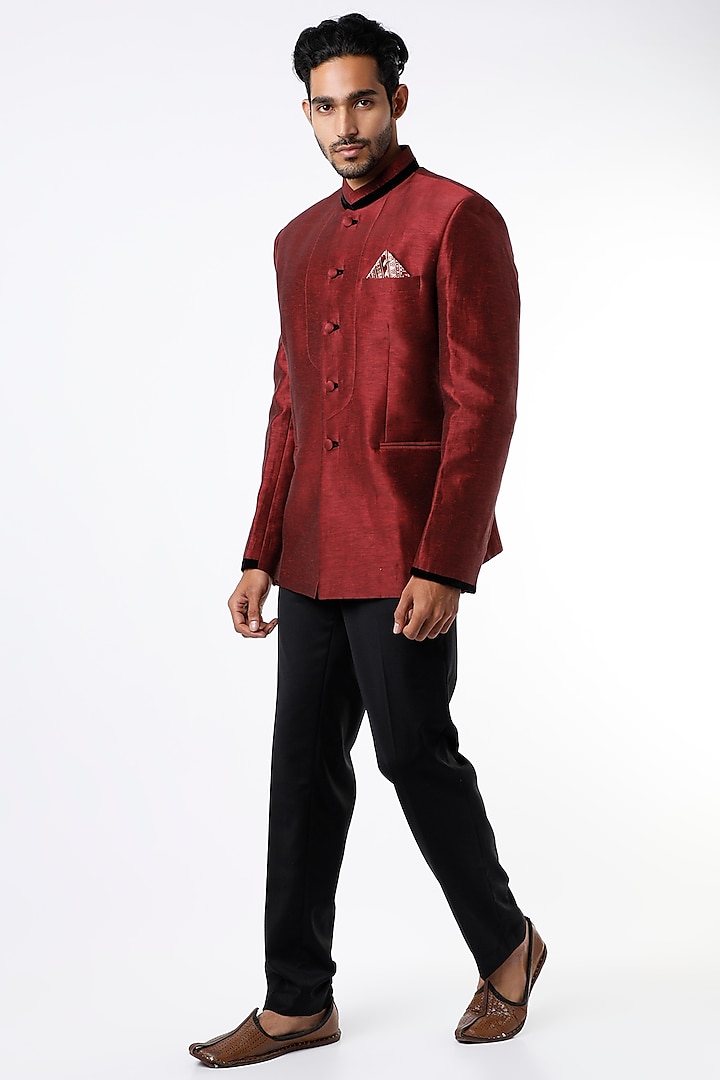 Merlot Wine Linen Silk Bandhgala Jacket by VARENYA