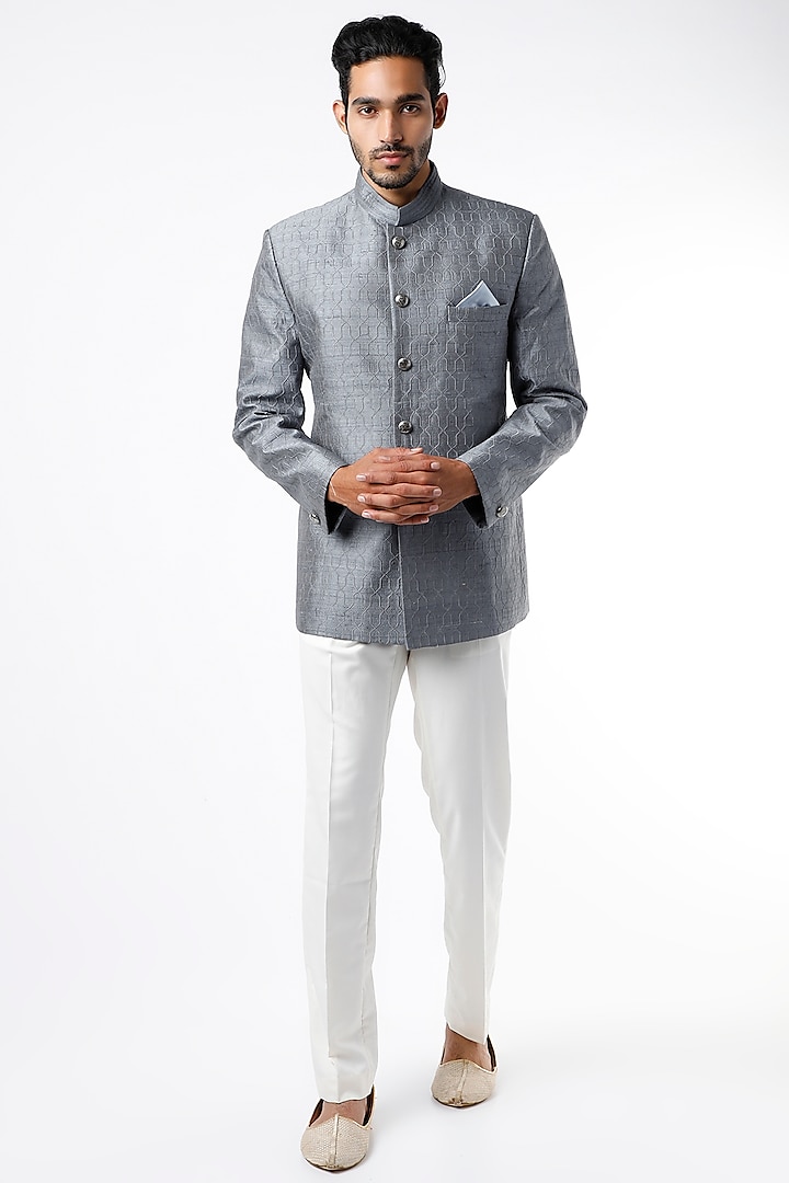 Regent Grey Matka Silk Bandhgala Jacket by VARENYA