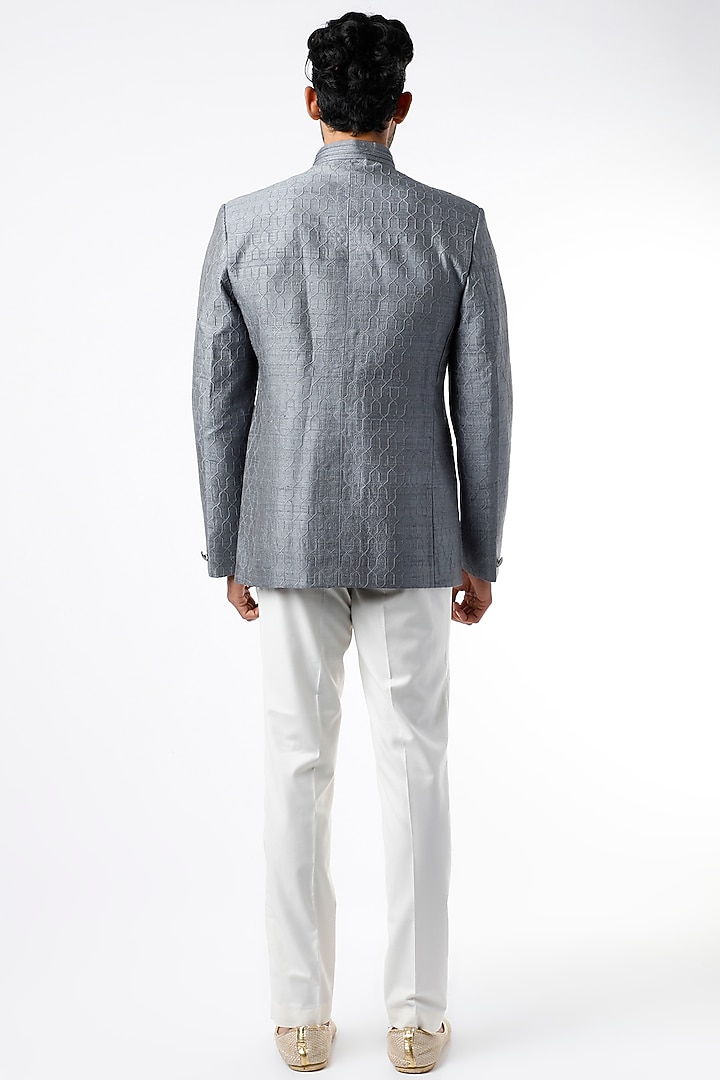 Regent Grey Matka Silk Bandhgala Jacket by VARENYA at Pernia's Pop Up Shop