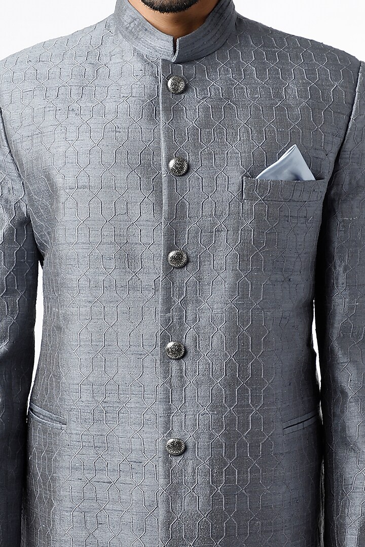 Regent Grey Matka Silk Bandhgala Jacket by VARENYA at Pernia's Pop Up Shop