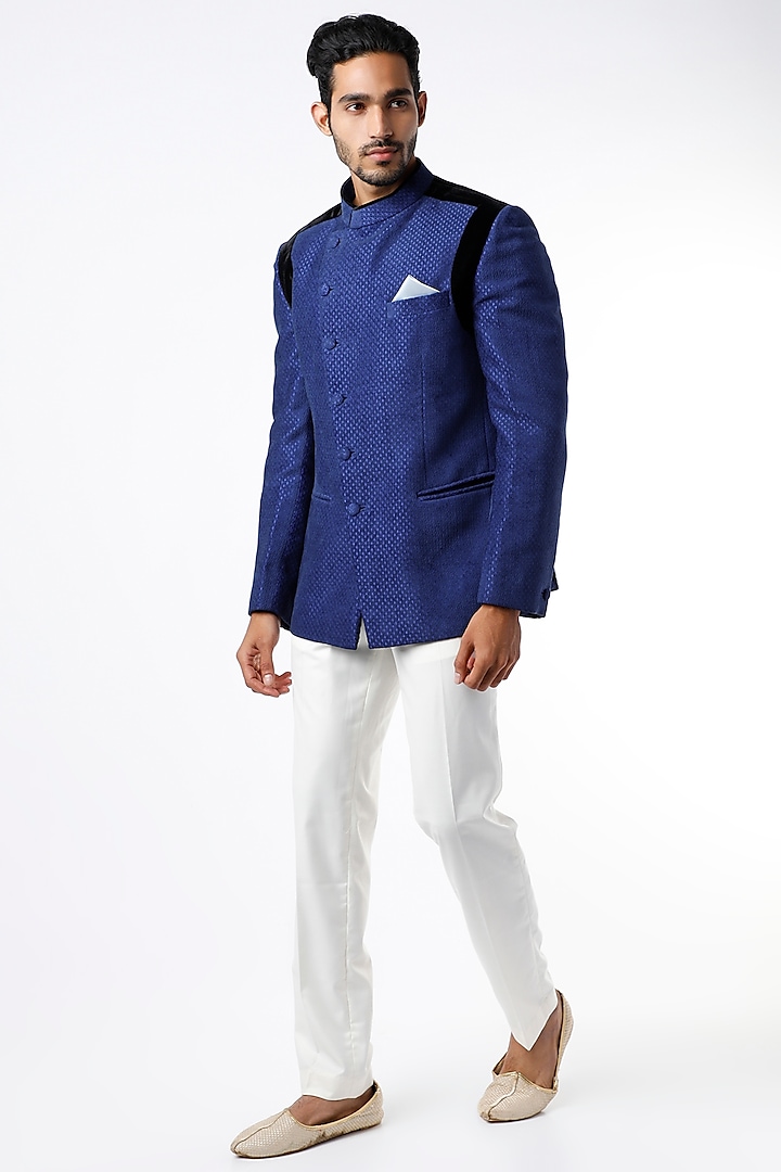 Royal Blue Textured Bandhgala Jacket by VARENYA
