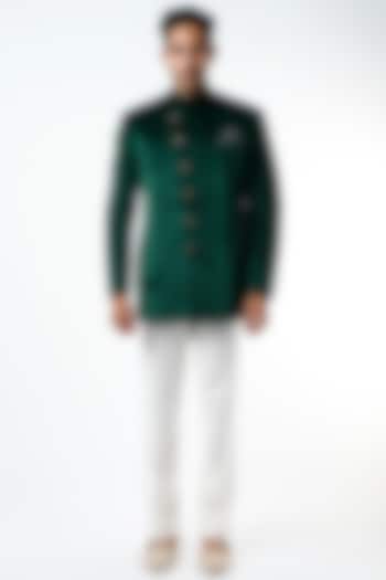 Forest Green Velvet Bandhgala Jacket by VARENYA at Pernia's Pop Up Shop