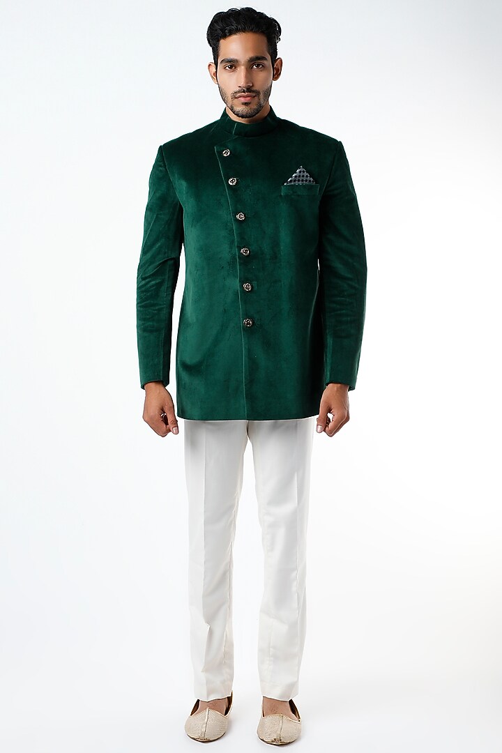 Forest Green Velvet Bandhgala Jacket by VARENYA at Pernia's Pop Up Shop