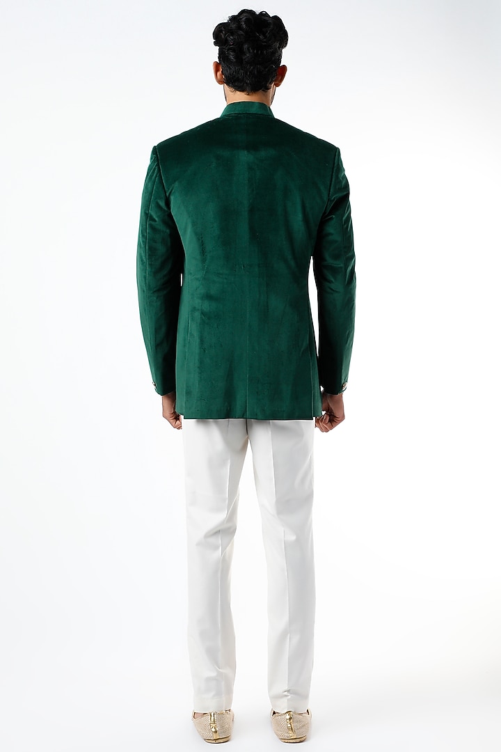 Forest Green Velvet Bandhgala Jacket by VARENYA at Pernia's Pop Up Shop