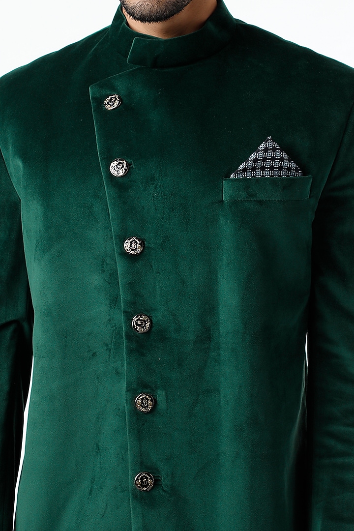 Forest Green Velvet Bandhgala Jacket by VARENYA at Pernia's Pop Up Shop