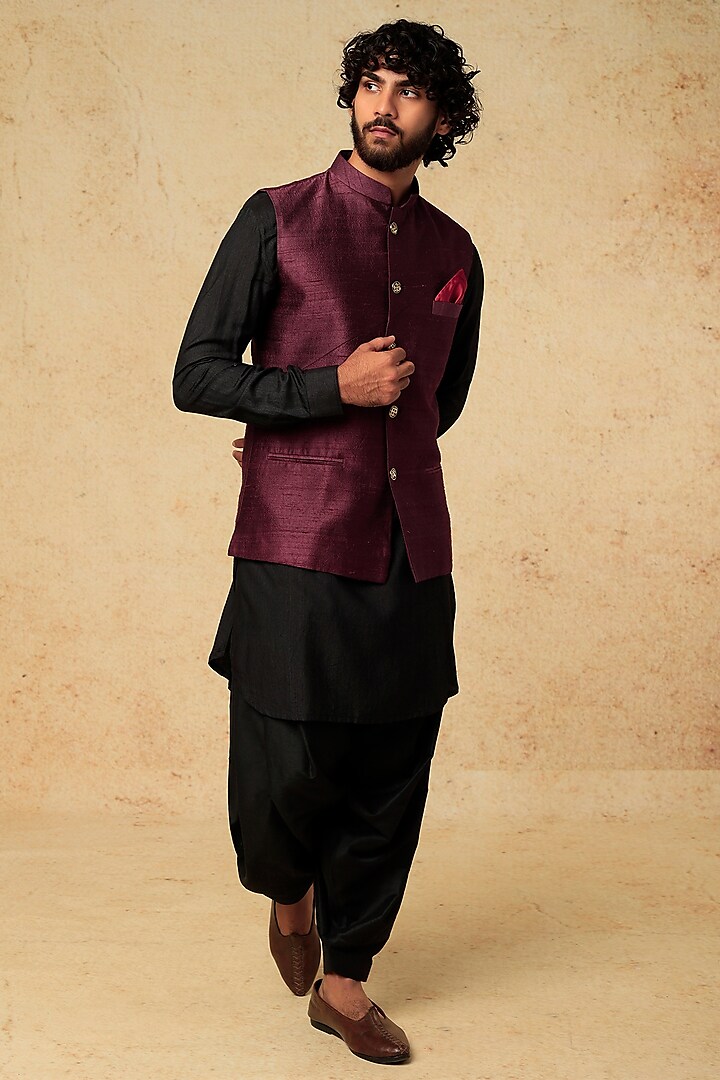 Plum Raw Silk Nehru Jacket With Kurta Set by VARENYA