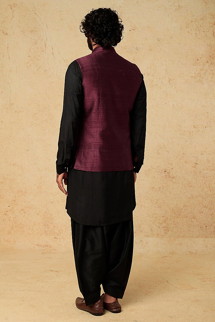 Plum Raw Silk Nehru Jacket With Kurta Set by VARENYA at Pernia's Pop Up Shop