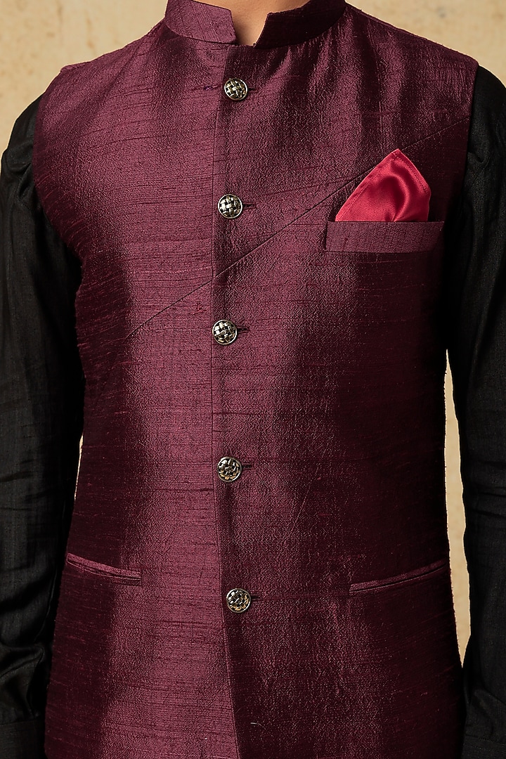 Plum Raw Silk Nehru Jacket With Kurta Set by VARENYA at Pernia's Pop Up Shop