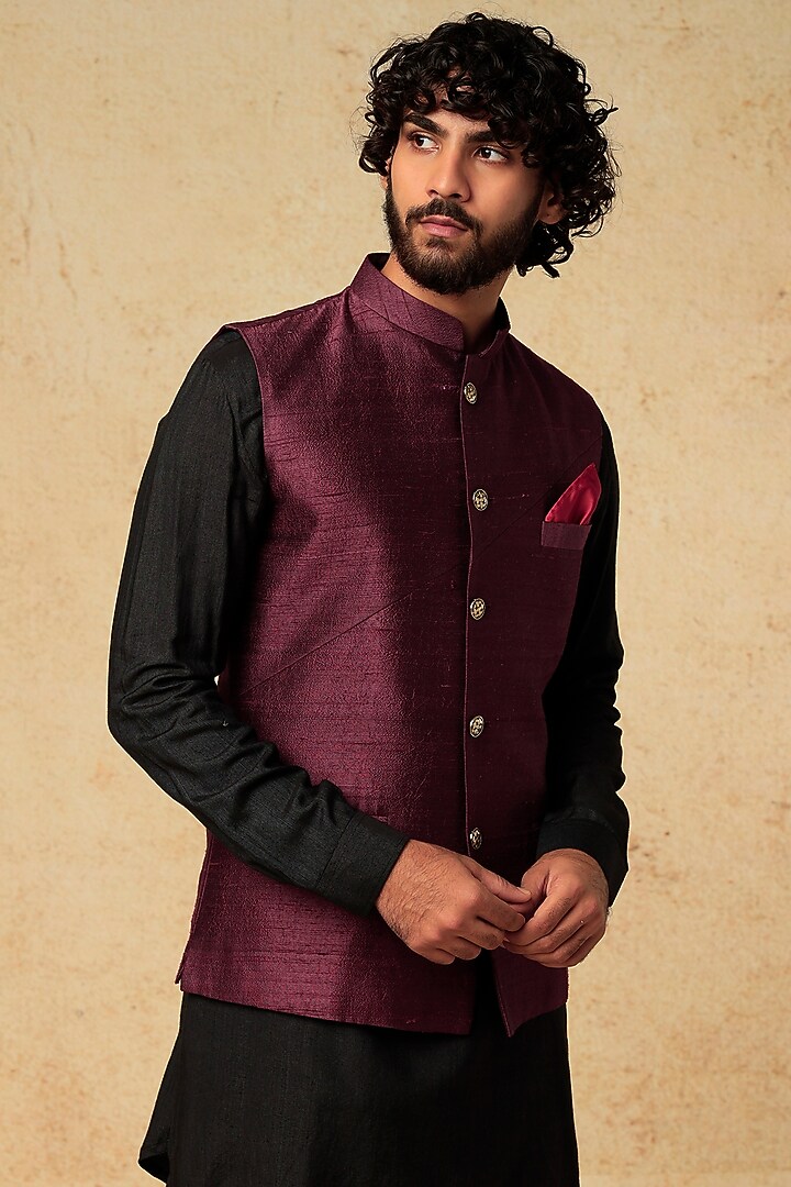 Plum Raw Silk Nehru Jacket With Kurta Set by VARENYA at Pernia's Pop Up Shop