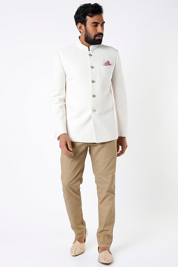 Ivory Self-Textured Bandhgala Jacket by VARENYA at Pernia's Pop Up Shop