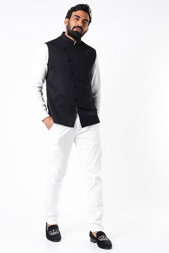 Black Self-Textured Nehru Jacket by Bhavin Vora