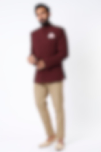 Maroon Self-Textured Bandhgala Jacket by VARENYA at Pernia's Pop Up Shop