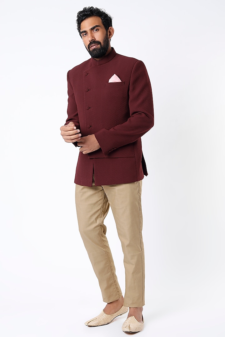 Maroon Self-Textured Bandhgala Jacket by VARENYA at Pernia's Pop Up Shop