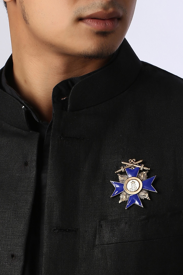 Antique Gold Finish Navy Blue Musashi Brooch by Cosa Nostraa at Pernia's Pop Up Shop