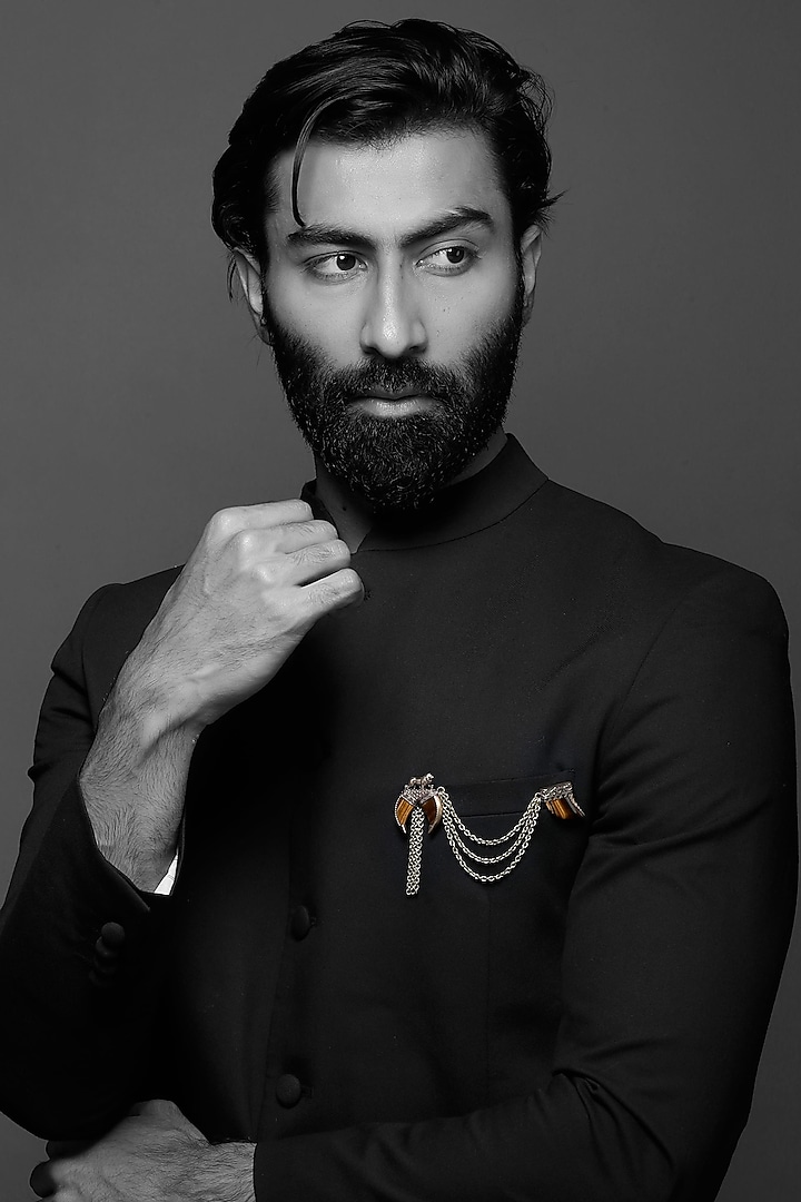 Antique Gold Finish Tiger Eye Stone Dangling Chain Brooch by Cosa Nostraa at Pernia's Pop Up Shop