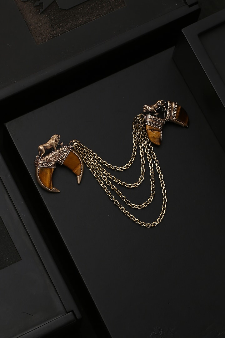 Antique Gold Finish Genuine Tiger Eye Stone Dangling Chain Brooch by Cosa Nostraa at Pernia's Pop Up Shop