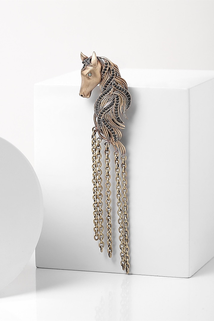 Antique Gold Finish Horse Shaped Dangling Chain Brooch by Cosa Nostraa