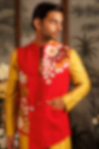 Red Silk Applique Embroidered Bundi Jacket by Sahil Kochhar Men at Pernia's Pop Up Shop