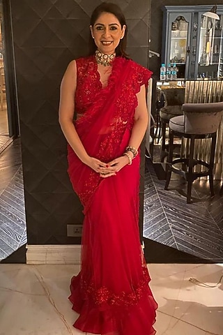 Red Net Embroidered Saree Set by Ridhi Mehra