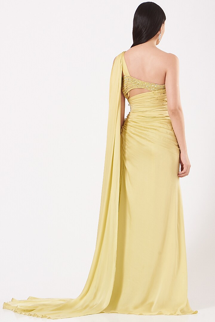 Lime Hand Embroidered One-Shoulder Draped Gown by Bhawna Rao at Pernia's Pop Up Shop