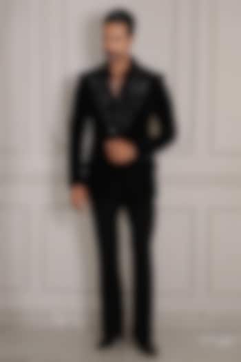 Black Silk Velvet 3D Hand Embroidered Blazer Set by Bharat Reshma at Pernia's Pop Up Shop