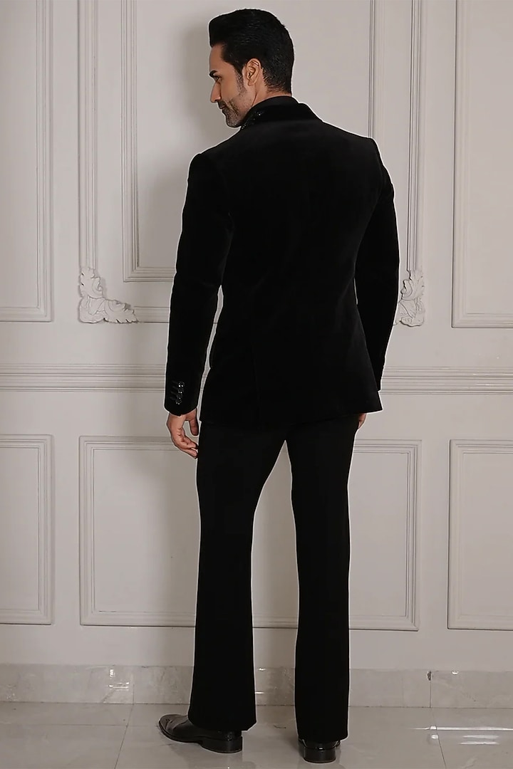 Black Silk Velvet 3D Hand Embroidered Blazer Set by Bharat Reshma at Pernia's Pop Up Shop