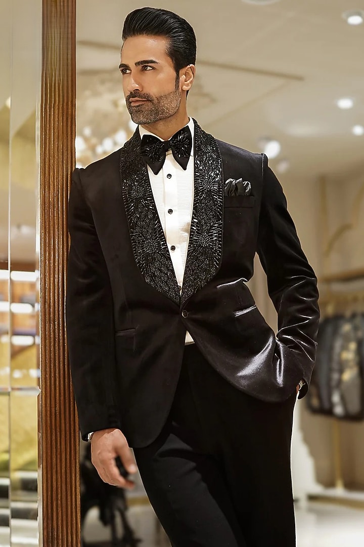Black Silk Velvet 3D Hand Embroidered Blazer Set by Bharat Reshma at Pernia's Pop Up Shop