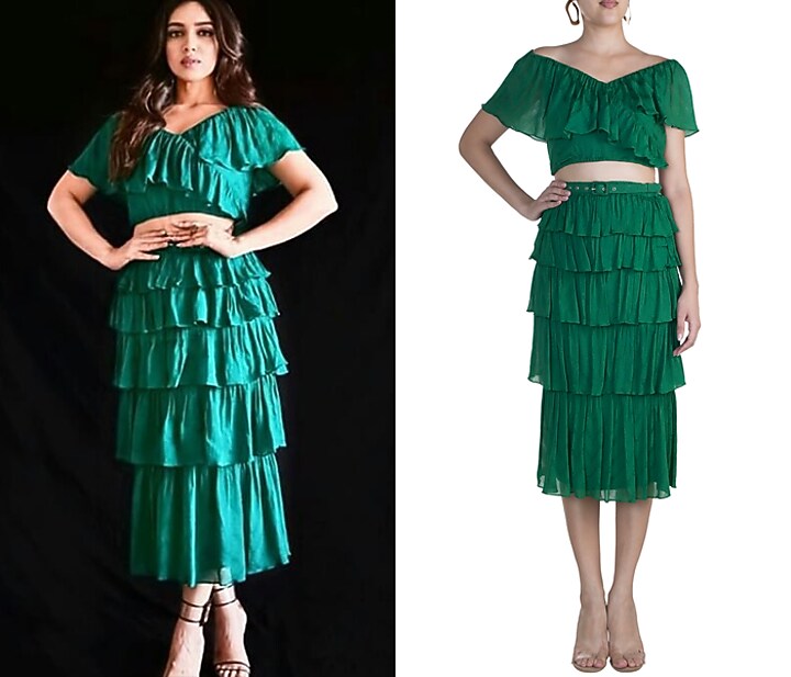 Jungle Green Frill Crop Top With Tiered Skirt by Ohaila Khan at Pernia's Pop Up Shop