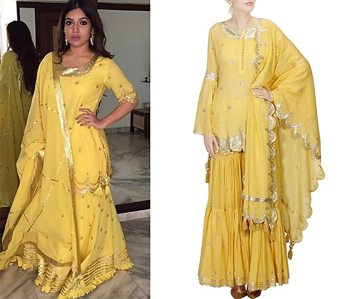 Mustard yellow and gold gota patti work kurta and sharara set available only at Pernia's Pop Up Shop.