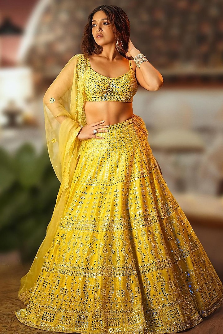 Saffron Yellow Embroidered Bridal Lehenga Set by Seema Gujral at Pernia's Pop Up Shop