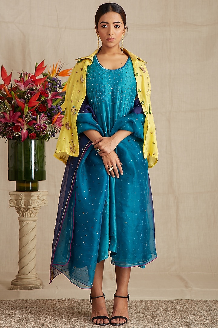Teal Blue Hand Embroidered Kurta With Dupatta by Bhusattva