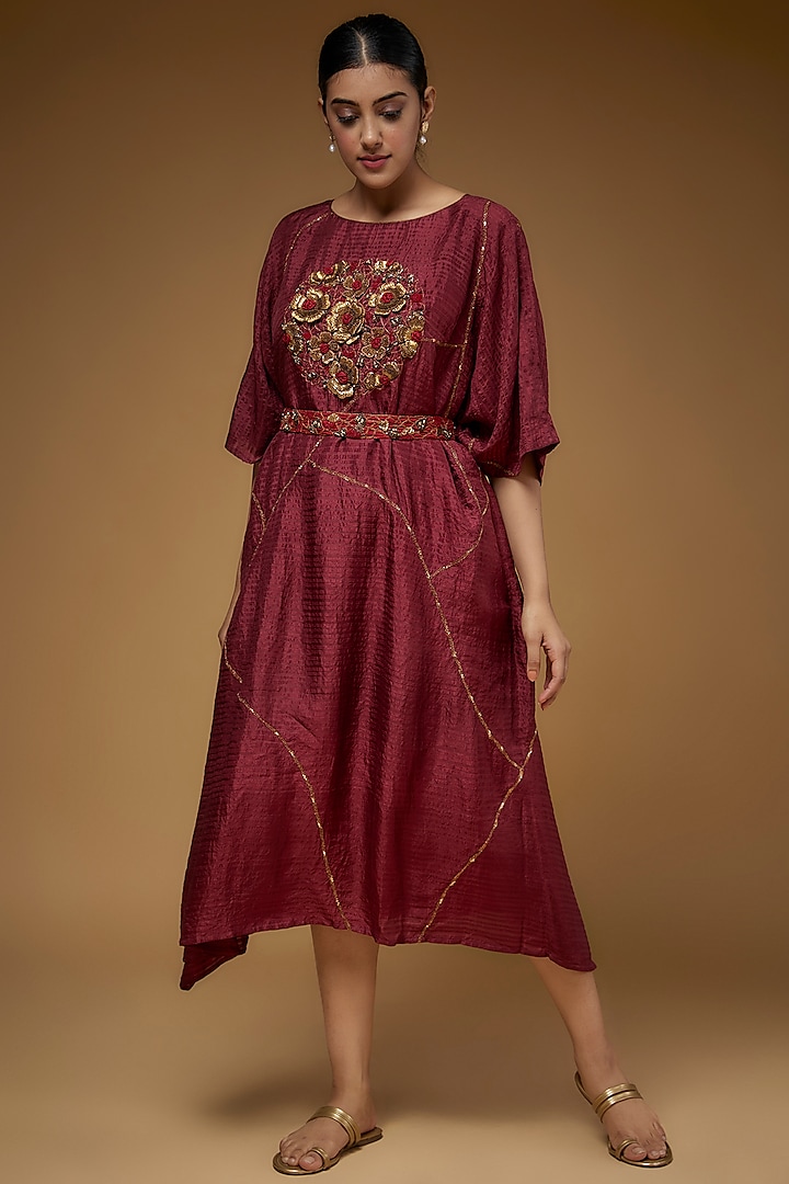 Maroon Organic Silk Embellished Kaftan Set by Bhusattva