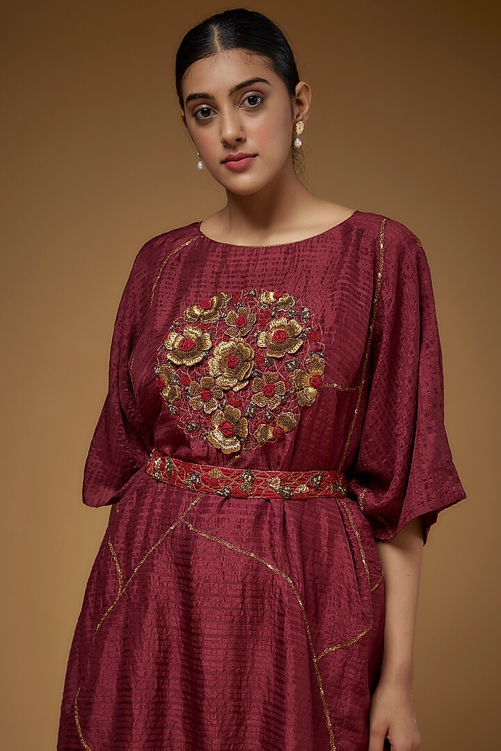 Maroon Organic Silk Embellished Kaftan Set by Bhusattva at Pernia's Pop Up Shop