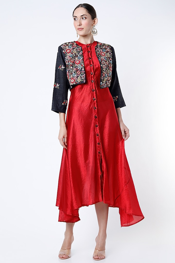 Cadmium Red Kurta With Embroidered Short Jacket by Bhusattva at Pernia's Pop Up Shop