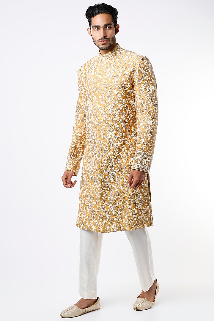 Mustard Cord Embroidered Wedding Sherwani Set  by VARENYA at Pernia's Pop Up Shop