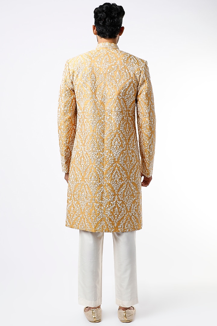Mustard Cord Embroidered Wedding Sherwani Set by VARENYA at Pernia's Pop Up Shop