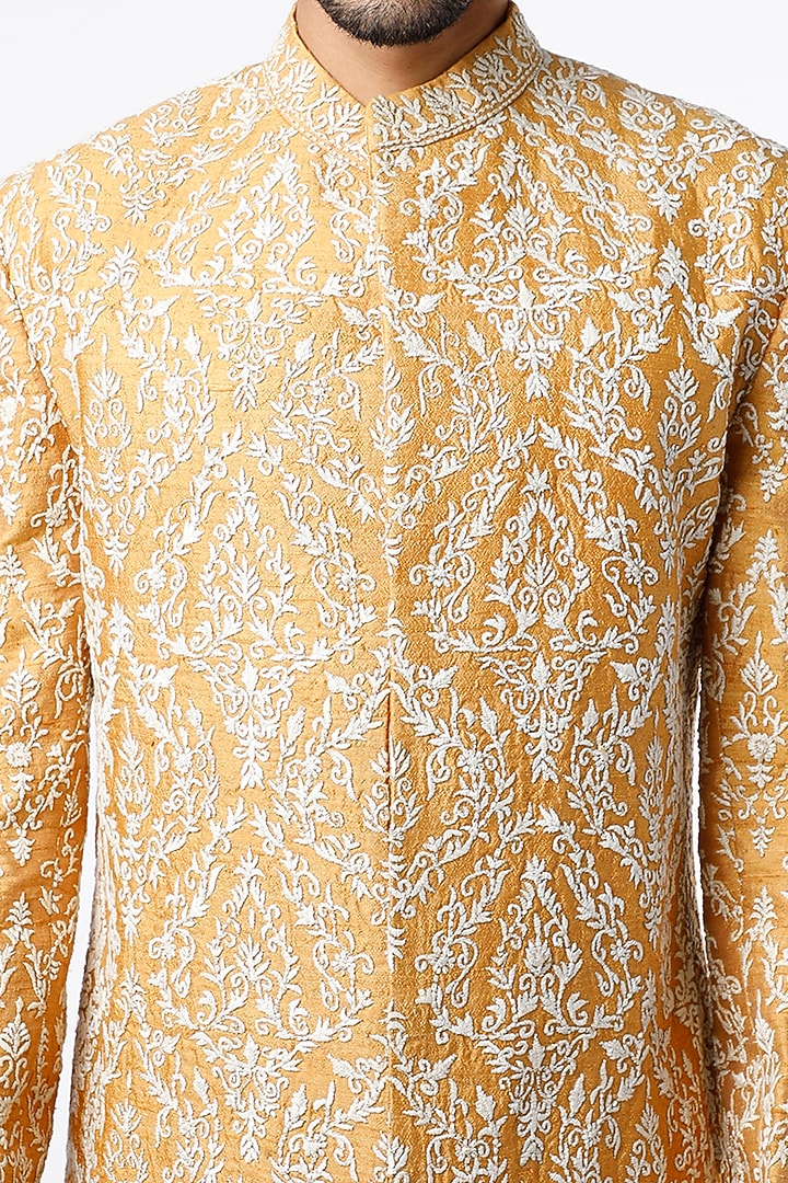 Mustard Cord Embroidered Wedding Sherwani Set by VARENYA at Pernia's Pop Up Shop