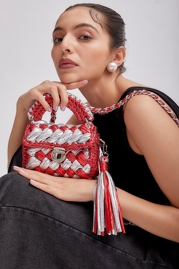 Red & Silver Polyester Yarn Mini Sling Bag by Bijit